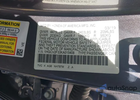 2019 Honda Accord Sport 2.0T z USA, uszkodzony, nr VIN 1HGCV2F33KA015408